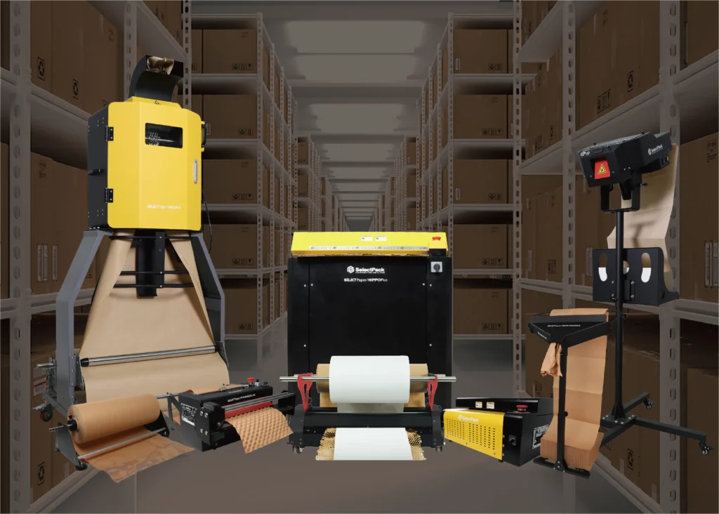 Paper cushion packaging machines in a warehouse setting.