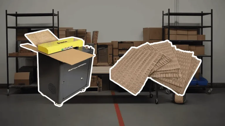 Industrial warehouse packaging scene showing a cardboard shredder and perforated cardboard cushioning used for eco-friendly packaging.