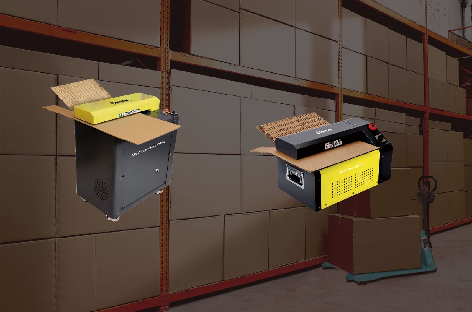 SelectPack cardboard shredders producing expanded cardboard packaging material