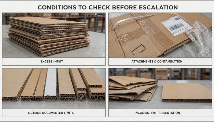 Four input conditions to check when troubleshooting cardboard shredder feeding problems: excess input, attachments and contamination, material outside documented limits, and inconsistent presentation.