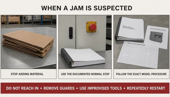 Safety boundaries when a cardboard shredder jam is suspected: stop adding material, use the documented normal stop, and follow the exact model procedure.