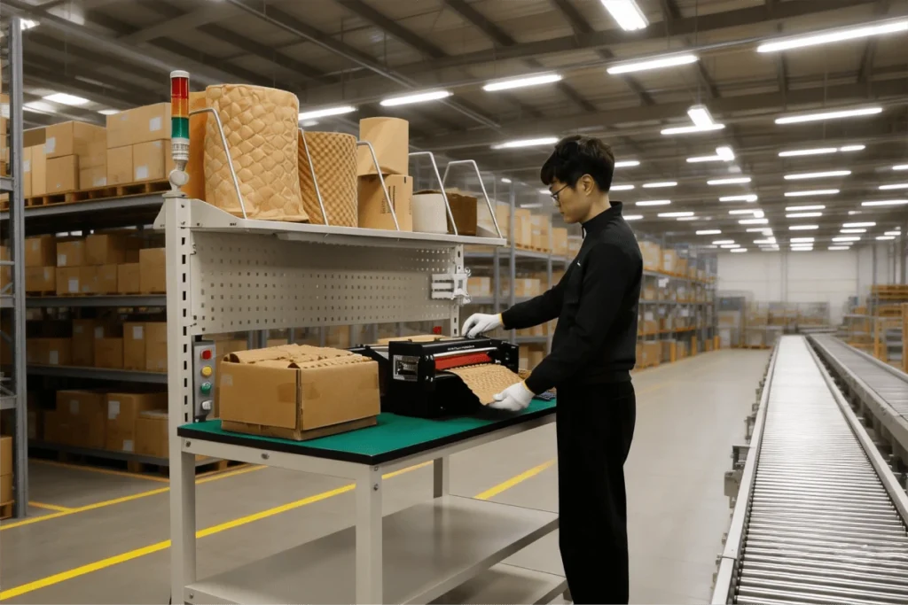 Automated carton packaging line in a large-scale warehouse and factory environment