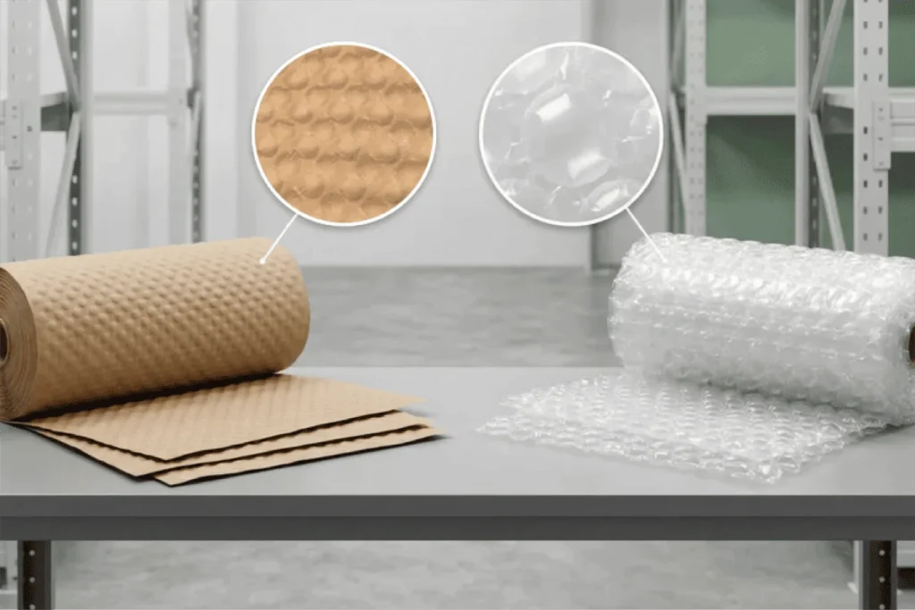 Stacked sheets of kraft paper bubble wrap ready for packaging use