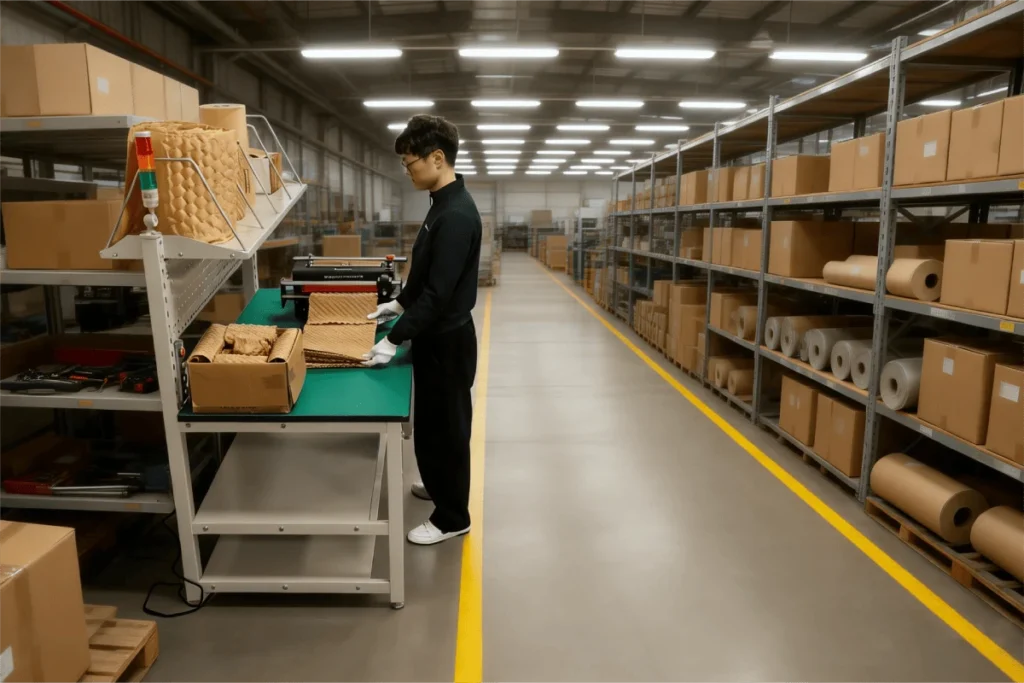 Paper bubble machine setup at a warehouse packing workstation