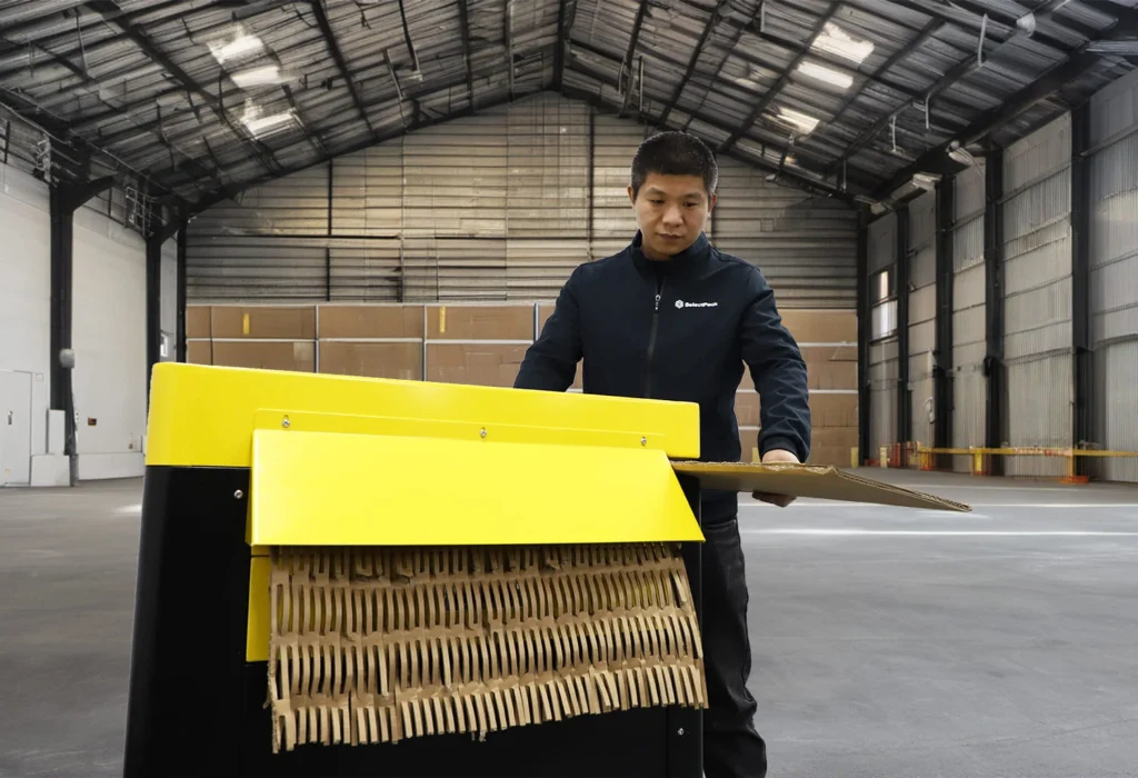 SelectPack cardboard shredder producing mesh cardboard padding used as sustainable void fill packaging material for shipping protection.