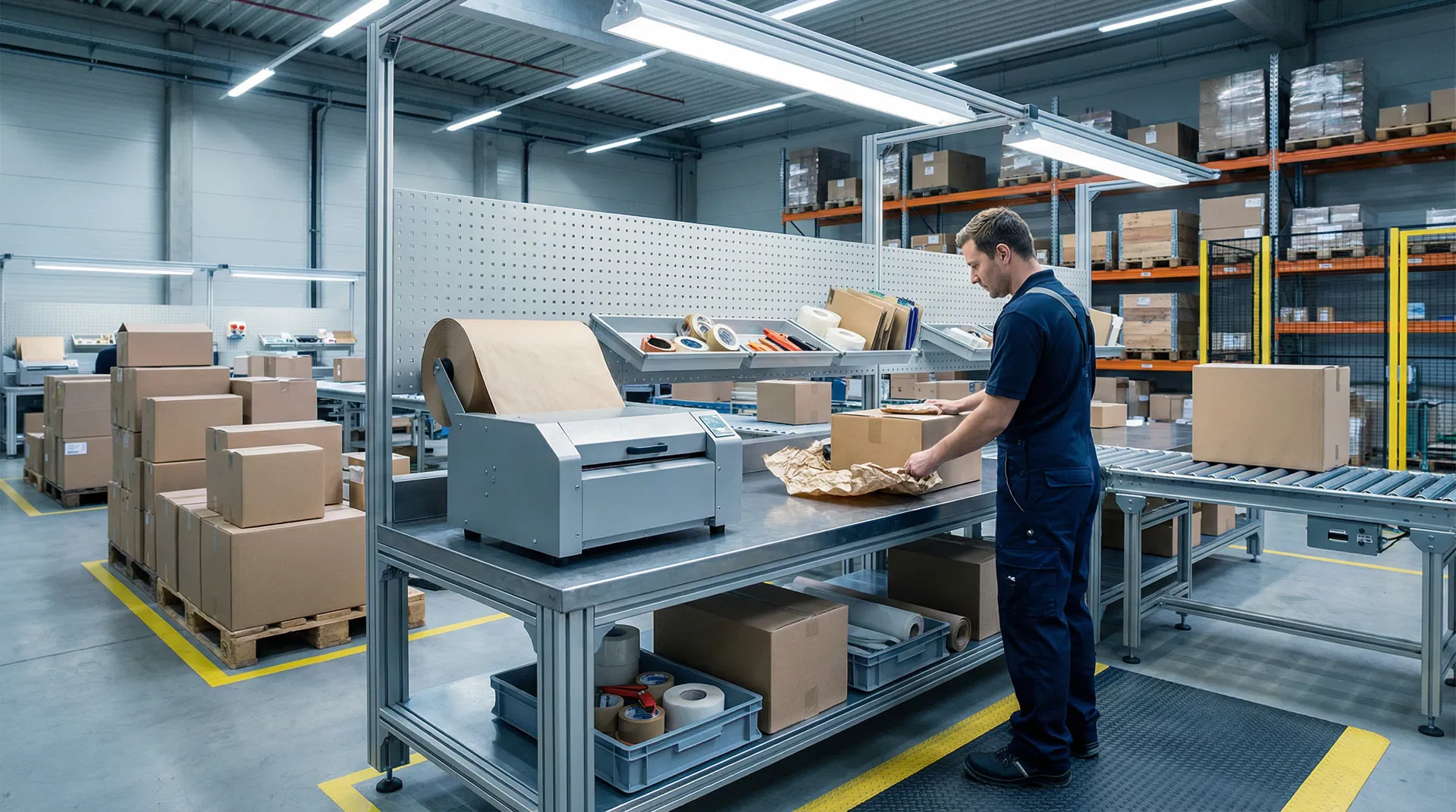 paper bubble machine integrated into a warehouse packing station