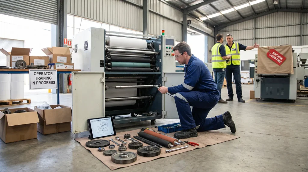 A person wrapping a parcel in kraft paper on top of bubble wrap for protective packaging during shipping
