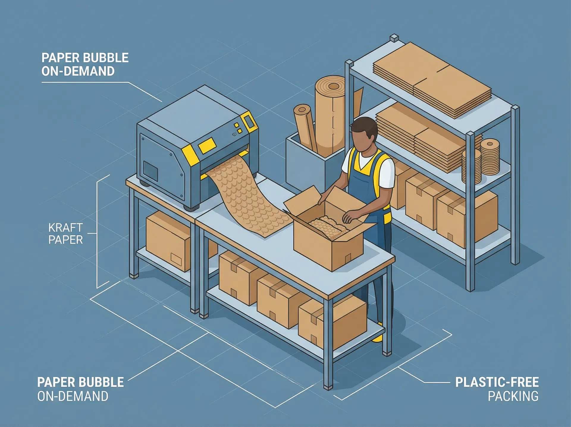 On-demand paper bubble machine at a plastic-free warehouse packing station — isometric illustration showing the operational setup