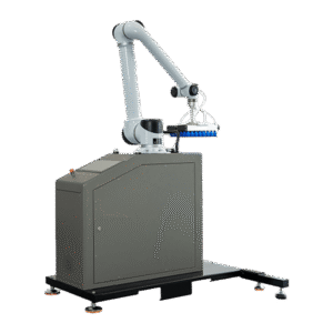 Collaborative palletizing robot with articulated arm and vacuum gripper mounted on a compact floor-standing base