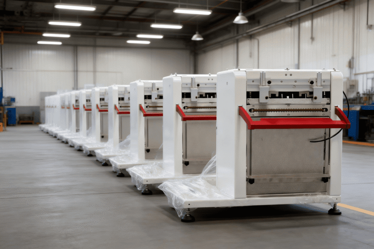 A row of automatic bagging machines lined up in a factory workshop