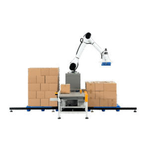 Robot palletizer handling cartons in an end-of-line palletizing system