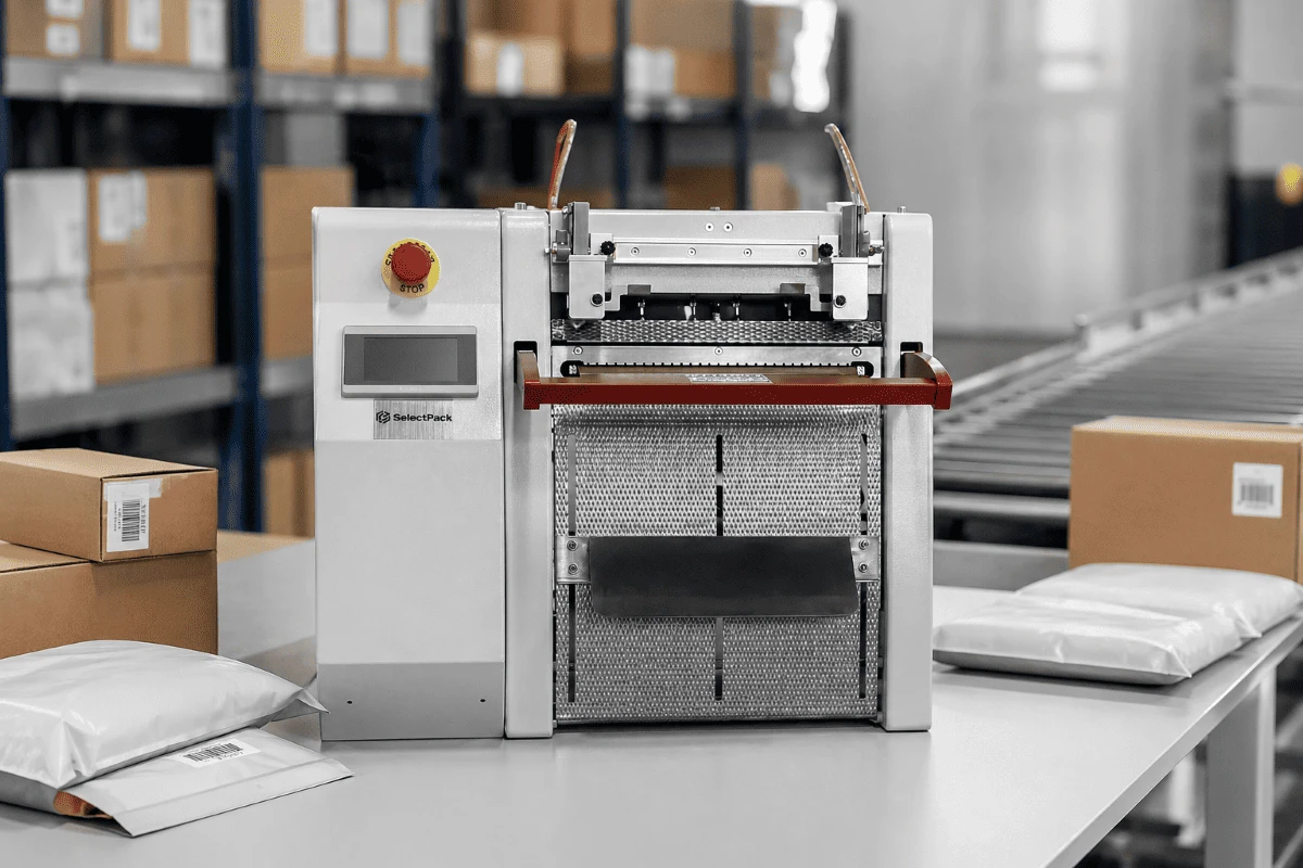 SelectPack automatic bagging machine in e-commerce warehouse with mailers and boxes.
