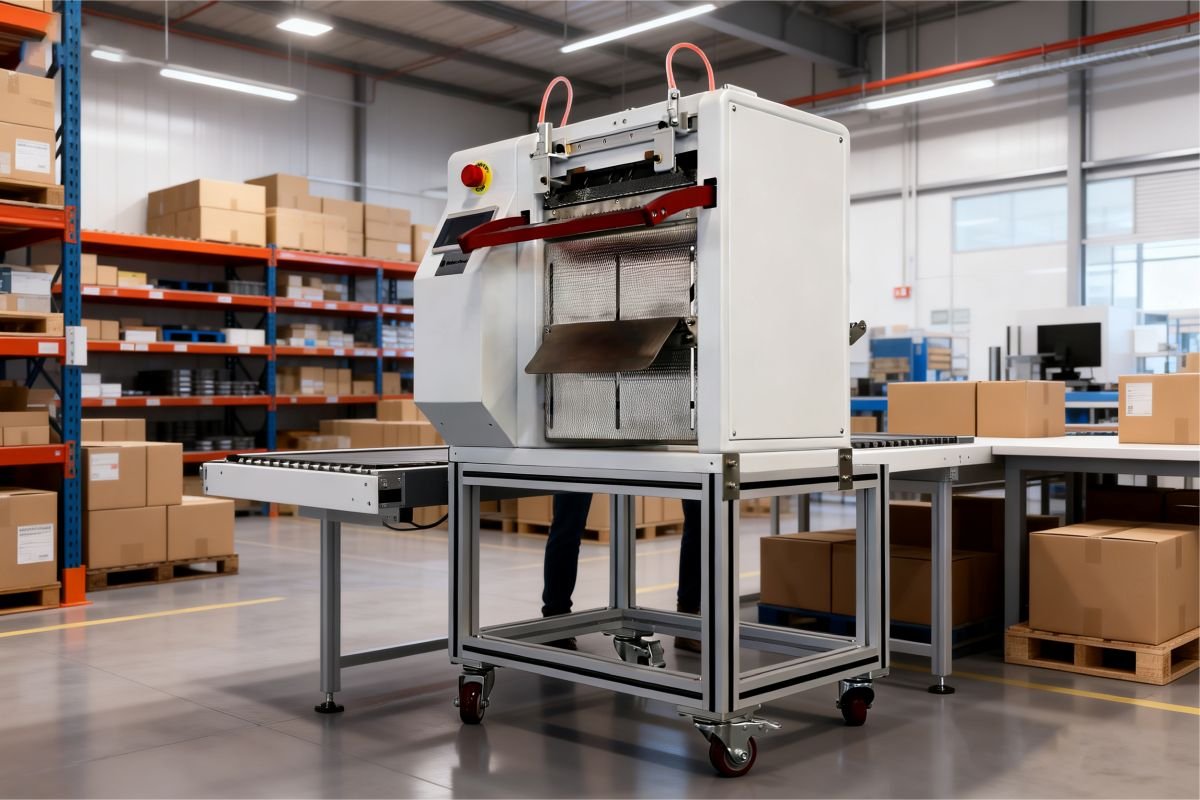 Semi-automatic bagging machine in a warehouse with conveyor and packaging boxes