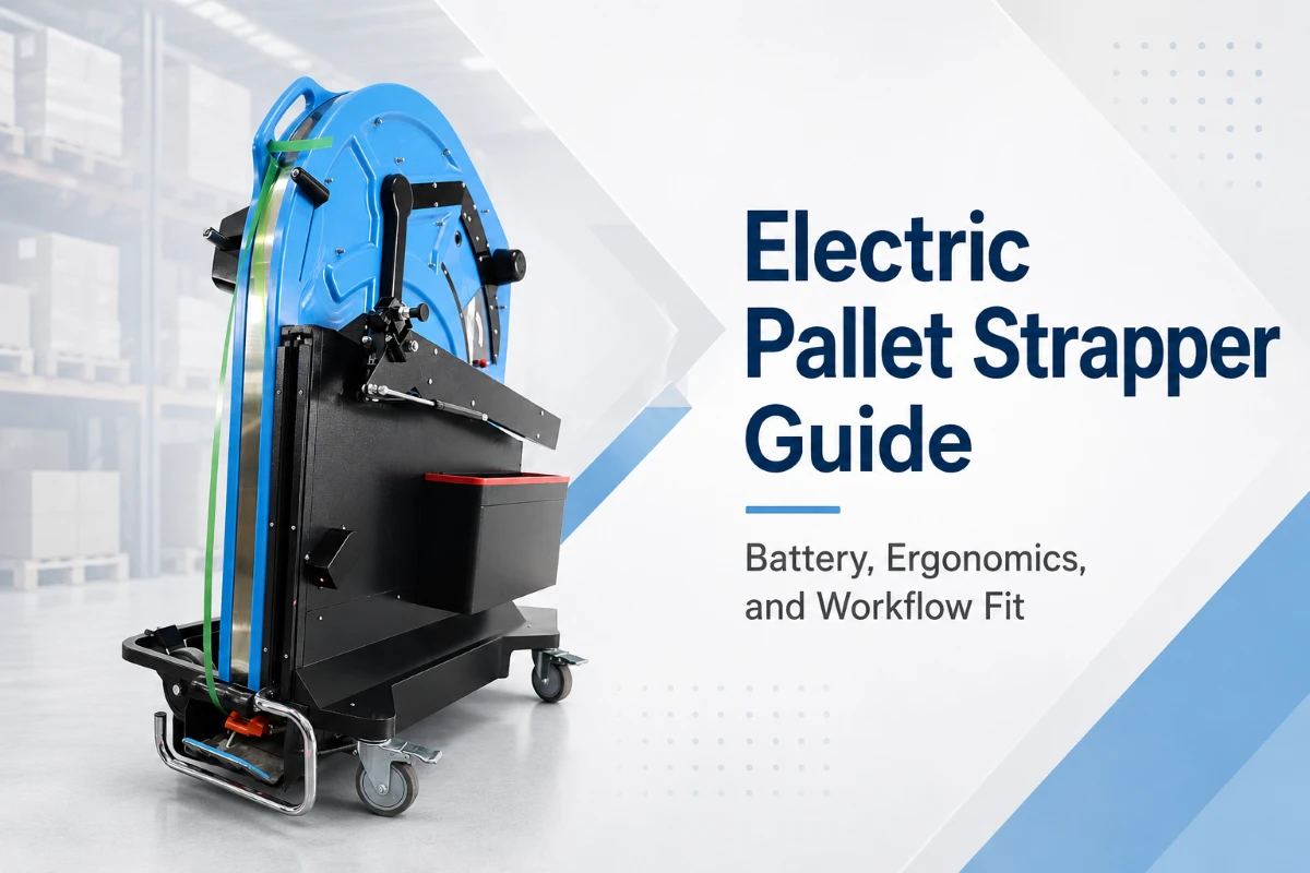 Electric pallet strapper machine in a warehouse, highlighting battery operation, ergonomic design, and workflow fit.