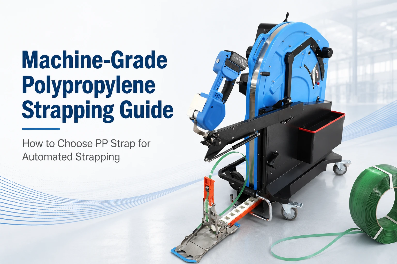 Machine-grade polypropylene strapping machine with handheld electric strapping tool and green PP strap roll, shown in warehouse setting for automated strapping guidance.