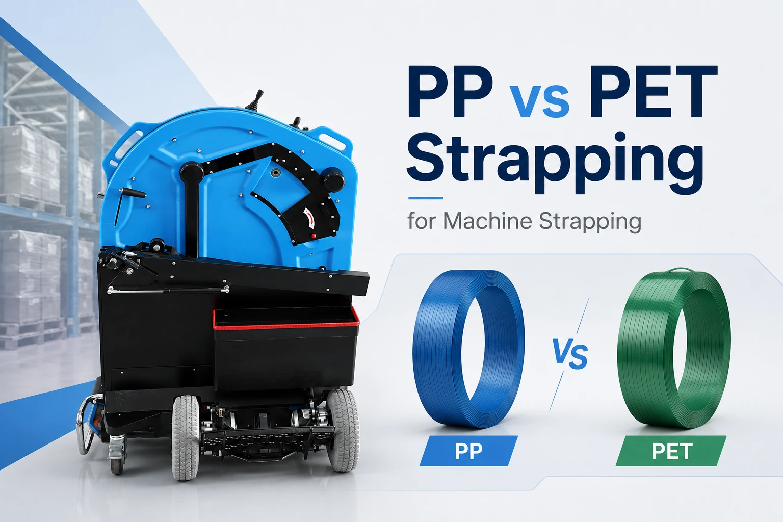 Electric strapping machine with PP (blue) and PET (green) strap rolls for machine strapping comparison in a warehouse setting.