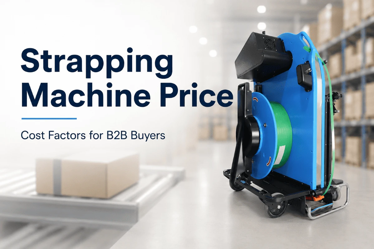 Mobile strapping machine for pallet packaging with text highlighting strapping machine price and B2B cost factors