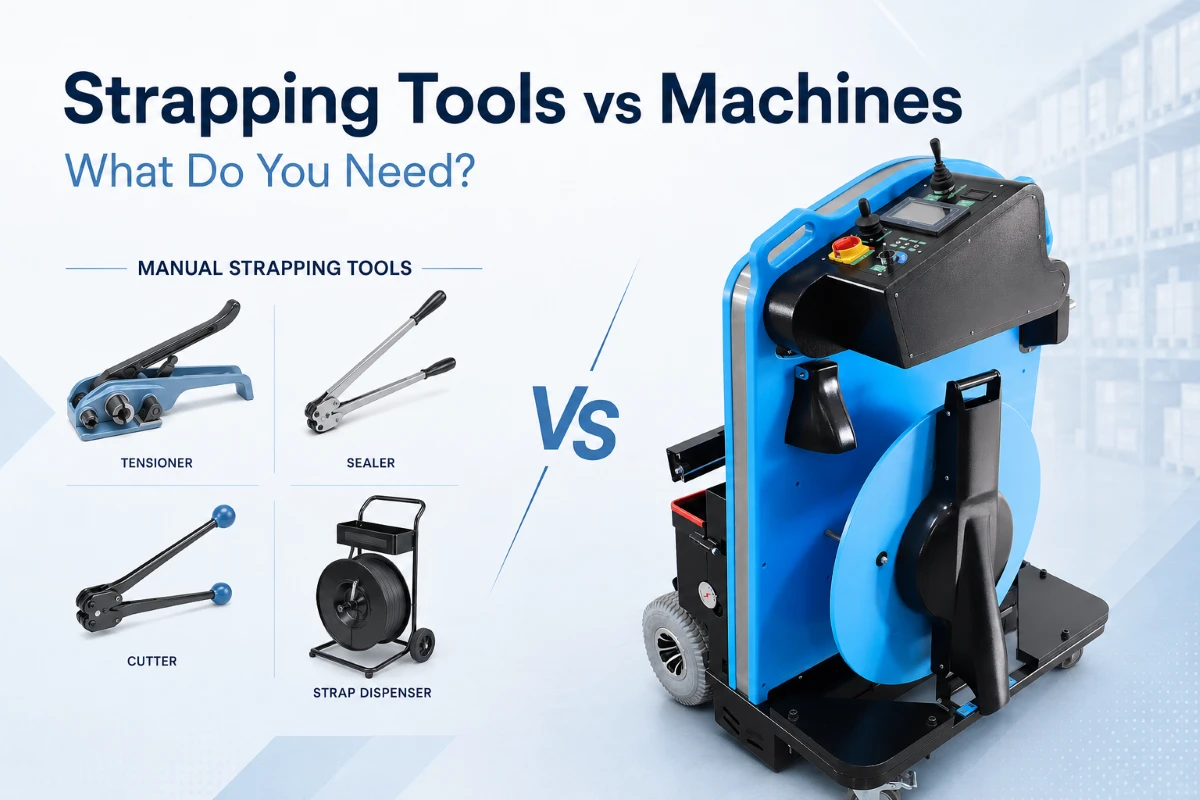 Manual strapping tools including tensioner, sealer, cutter, and strap dispenser compared with a mobile strapping machine.