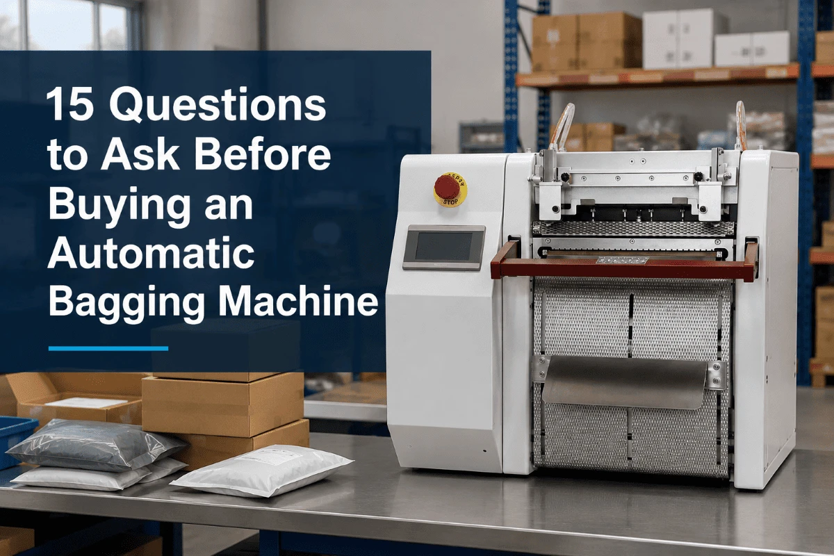 Automatic bagging machine in a clean warehouse packing station with poly mailers and cardboard boxes, showing industrial equipment suitable for e-commerce and warehouse operations. Overlay text: "15 Questions to Ask Before Buying an Automatic Bagging Machine".