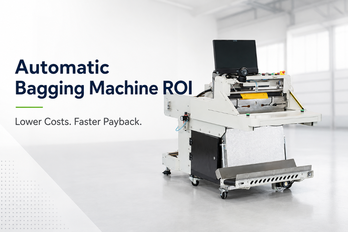 Automatic bagging machine in a clean industrial warehouse setting, highlighting ROI with concise text: “Lower Costs. Faster Payback.” Suitable for e-commerce and fulfillment efficiency blog.