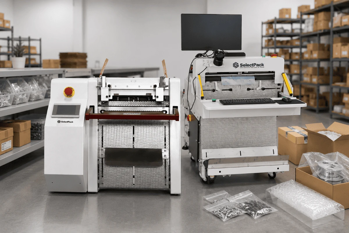 Two SelectPack bagging machines in a modern industrial warehouse with shelves of boxes and packaged hardware parts, showing automated packaging of small industrial and e-commerce items
