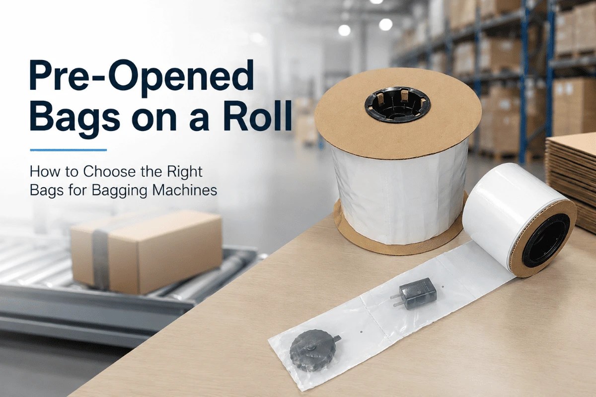 Pre-opened bags on a roll displayed on a packing station, demonstrating automated bagging machine usage in a warehouse/fulfillment environment.