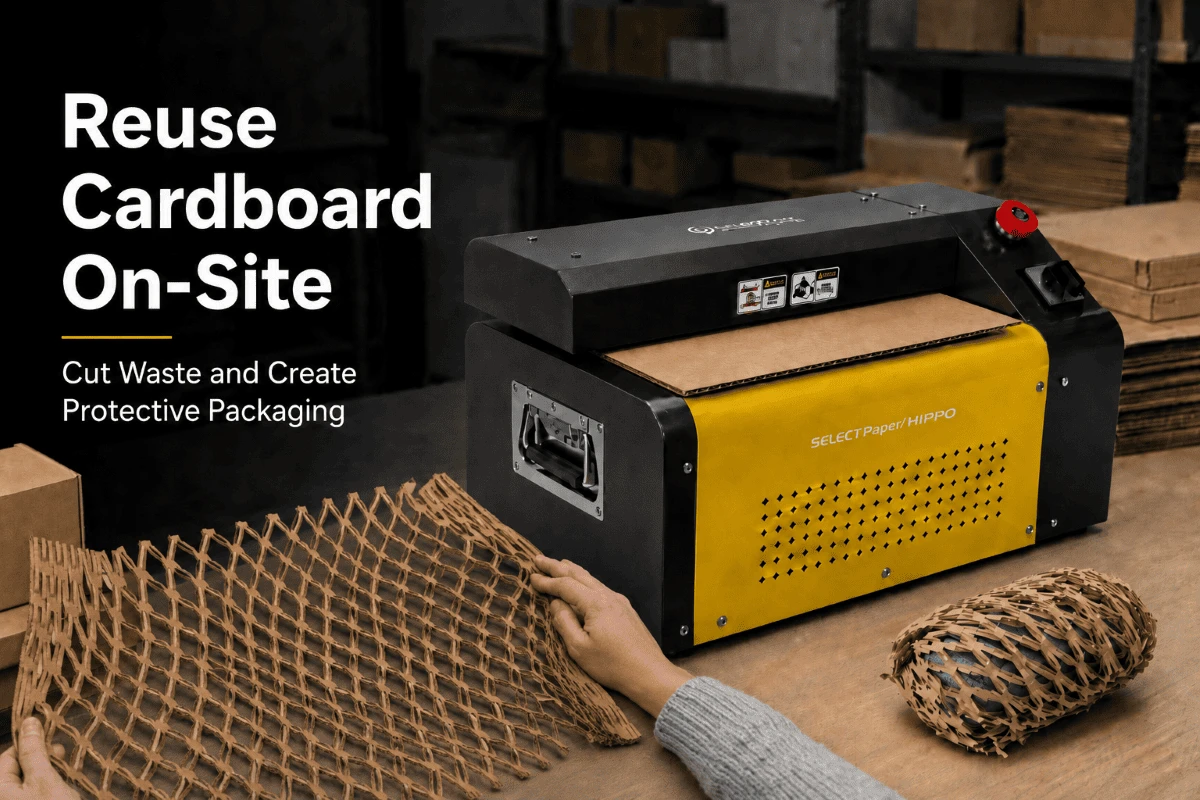 SelectPack™ tabletop cardboard perforator in a warehouse packing station, producing perforated cardboard cushioning from recycled boxes to demonstrate on-site cardboard reuse and sustainable packaging.
