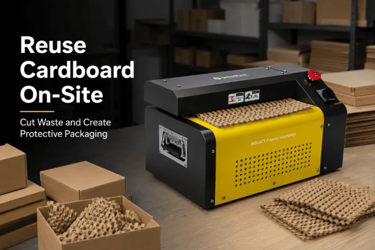 SelectPack™ tabletop cardboard perforator in a warehouse packing station, producing perforated cardboard cushioning from recycled boxes to demonstrate on-site cardboard reuse and sustainable packaging.