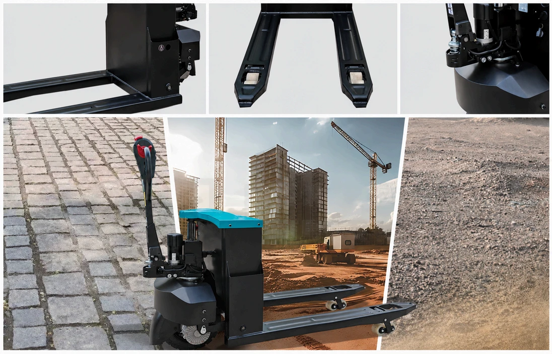 Transpaleta eléctrica todoterreno KBP30-B para manipulación de palés en terrenos difíciles y obras de construcción.