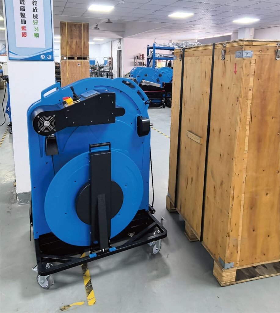 Máquina de cintar paletes pronta para embalagem em caixas de madeira.