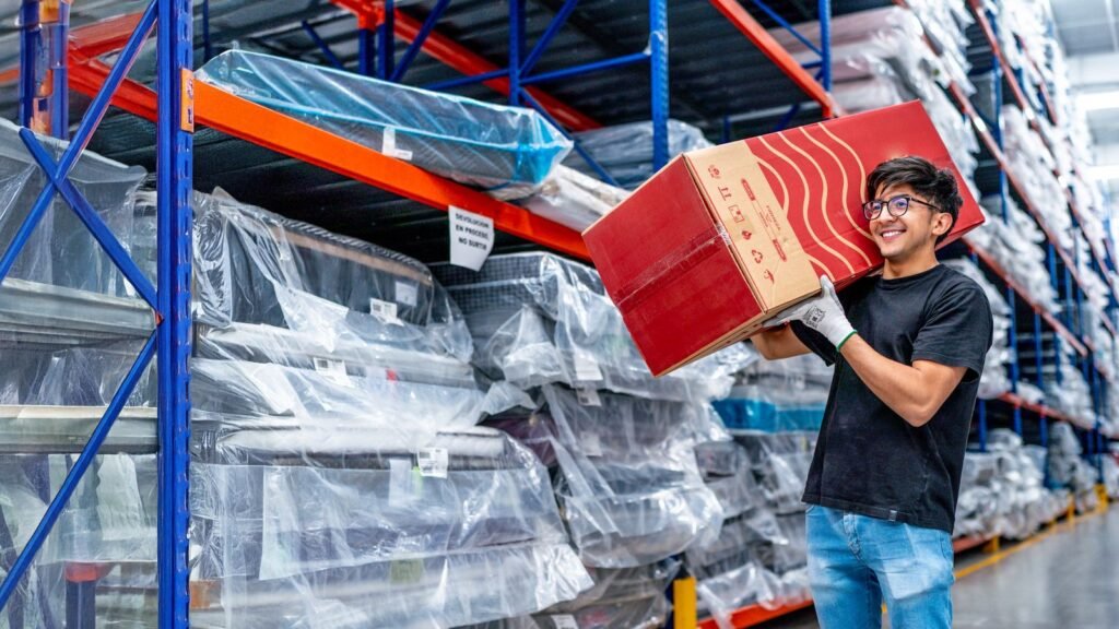 3PL warehouse worker handling a client shipment box