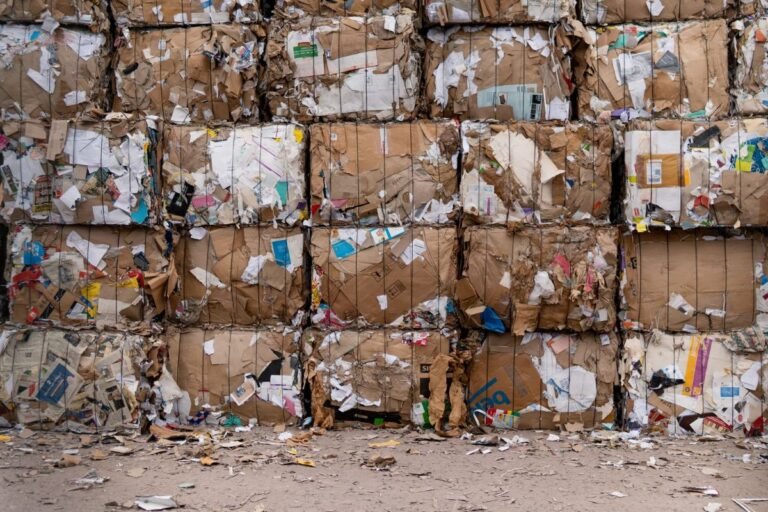 Balles de carton compressé empilées dans une installation de recyclage