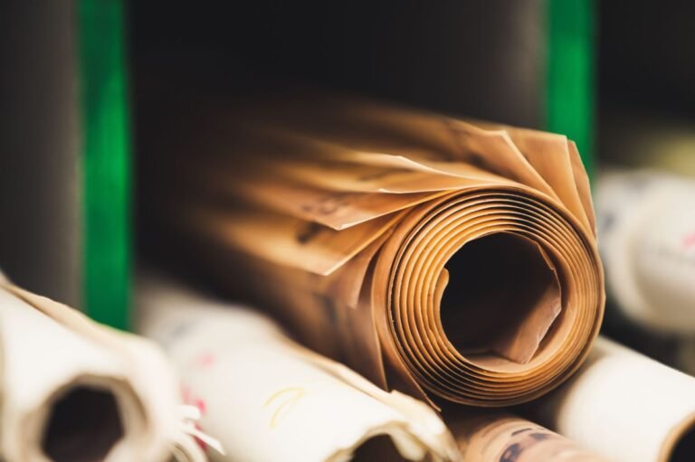Rouleaux de papier kraft stockés comme consommables pour une machine de remplissage de vides en papier