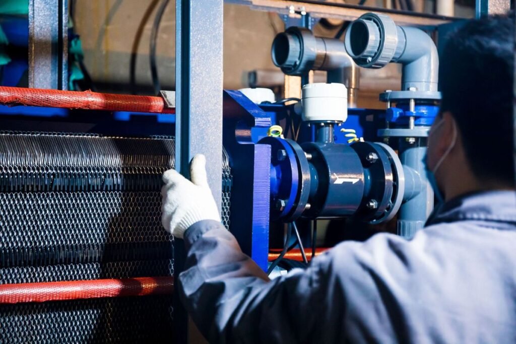 Técnico inspecionando componentes internos de equipamentos industriais.