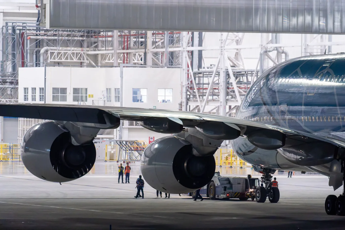 Commercial aircraft inside a maintenance hangar