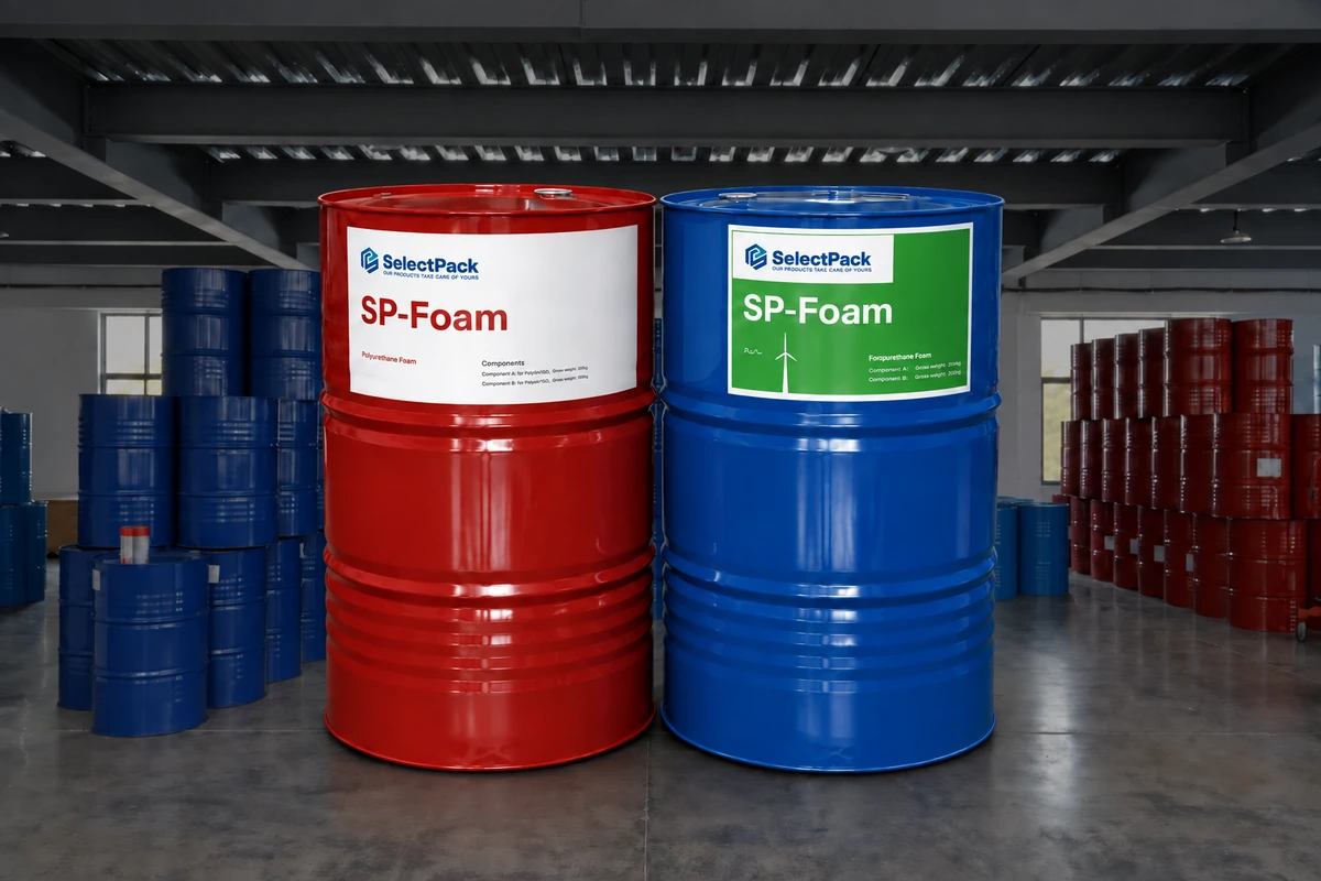 SelectPack SP-Foam A/B 化学品桶,背景为仓库。.