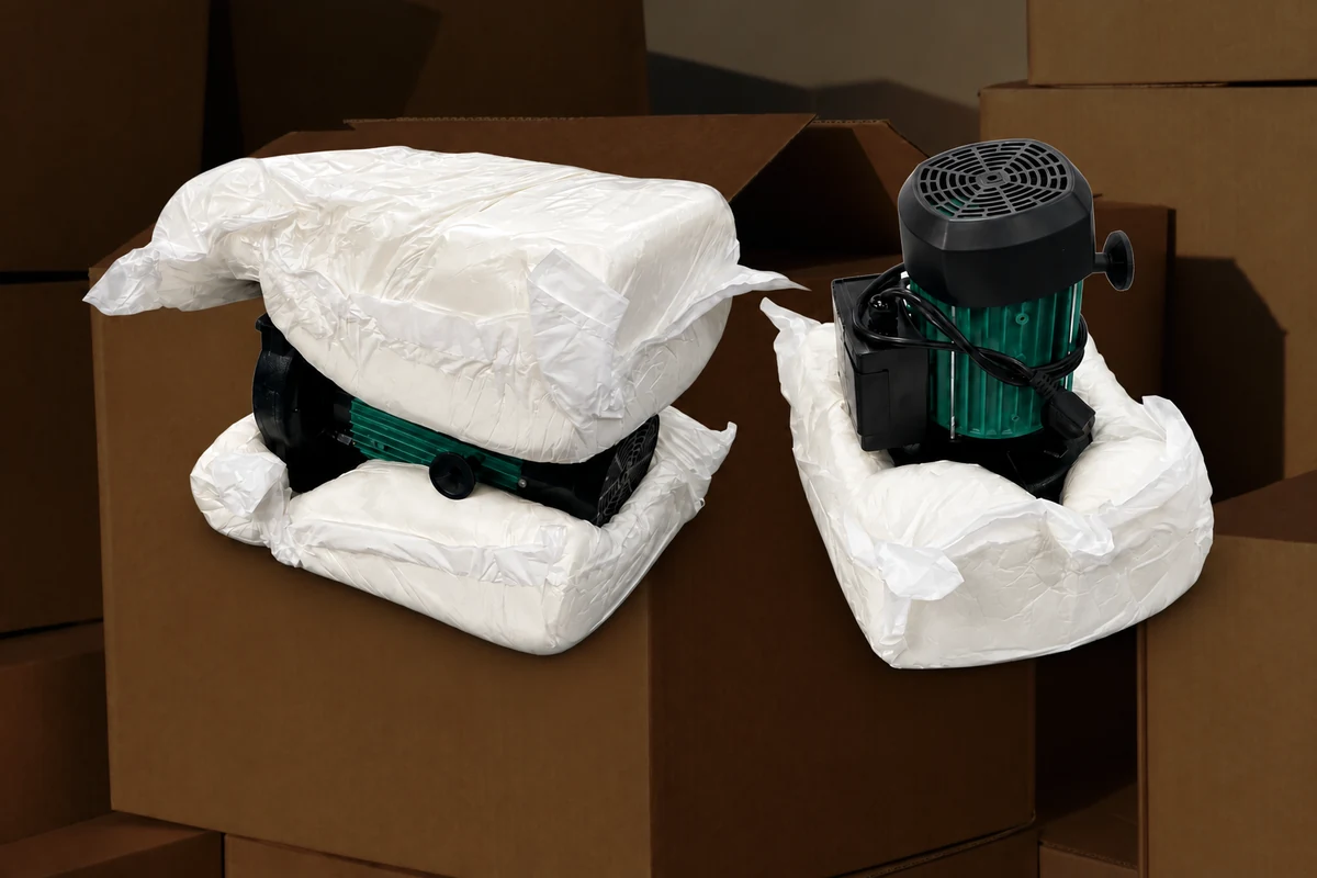 Two pump assemblies with shaped foam cushions centered against stacked brown corrugated cartons.