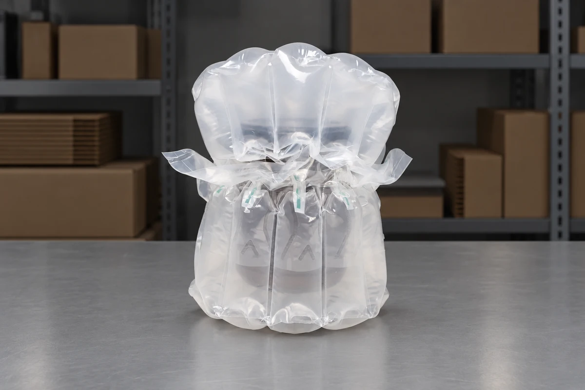 Air-column-wrapped container sample centered on a gray packing bench with a darkened carton-storage background.