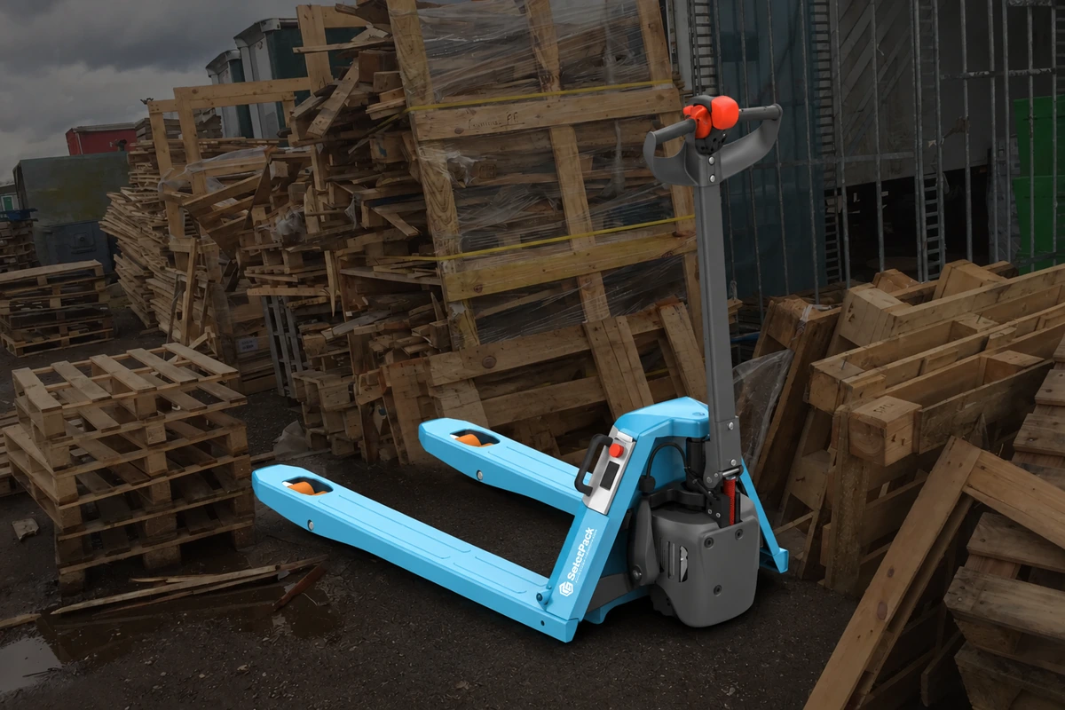 A blue SelectPack MantisLite electric pallet jack centered against a darkened background of damaged wooden pallets.