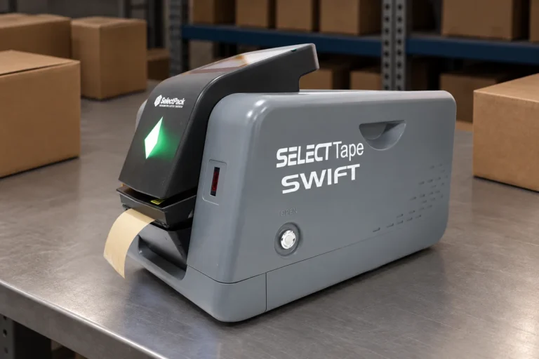 Gray Swift tape dispenser with a short paper strip, centered on a bench against a darkened packing-room background.