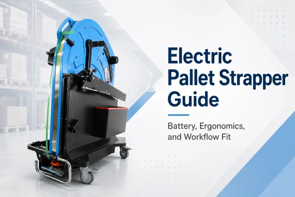 Electric pallet strapper machine in a warehouse, highlighting battery operation, ergonomic design, and workflow fit.