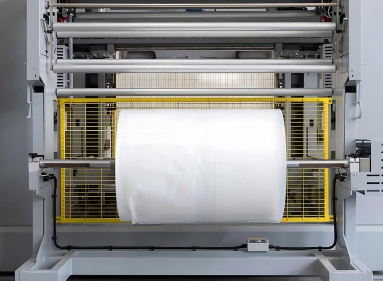 Roll of shrink film mounted in a machine Roll of shrink film mounted in a machine