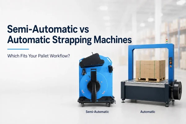 Máquinas flejadoras semiautomáticas y automáticas para comparar los flujos de trabajo de flejado de palets en un almacén.