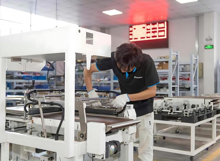 Technician checking calibrating a shrink-wrap system SelectPack(1) Technician checking calibrating a shrink-wrap system SelectPack(1)