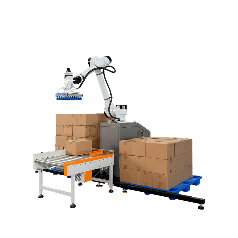 Side view of an automatic palletizer system with conveyor and pallet loads