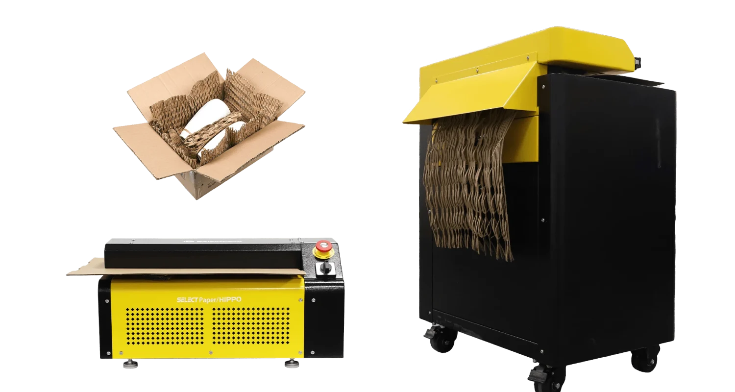 Comparison of desktop and industrial cardboard shredder machines used to create recyclable void fill packaging from corrugated cardboard.